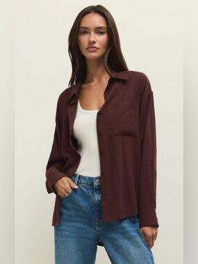 Z Supply Shirin Button-Down Shirt in Chocolate Brown
